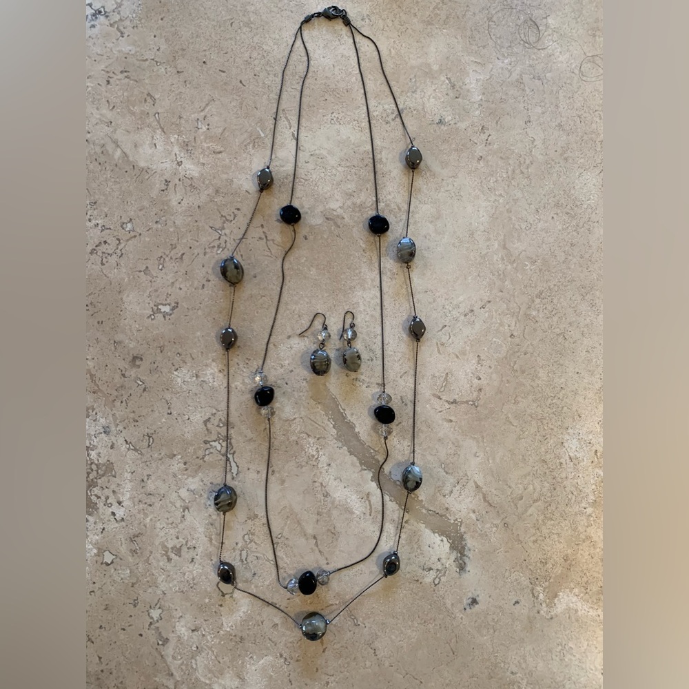 Glass Double Strand Necklace and Dangle Earrings